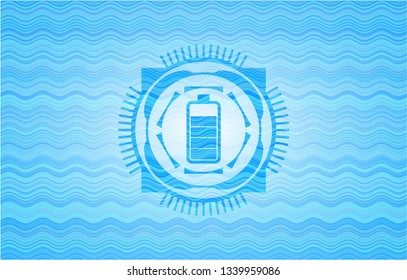battery icon inside sky blue water badge.