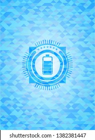 battery icon inside sky blue emblem with mosaic ecological style background