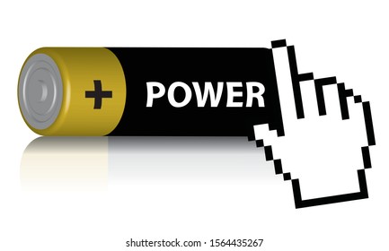 battery icon isolated on white background, power inscription, hand pointer, vector illustration
