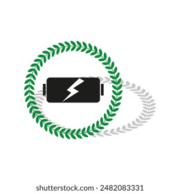 Icono de batería con hoja. Símbolo de poder ecológico. Concepto de energía verde. Vector blanco y negro.