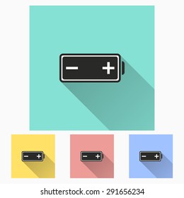 Battery icon with long shadow, flat design. Vector illustration.