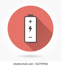 Battery  icon with long shadow, flat design. Vector illustration.