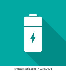 Battery icon with long shadow. Flat design style. Battery silhouette. Simple green icon. Modern flat icon in stylish colors. Web site page and mobile app design element.