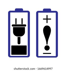 Icon niedrig, Batterieaufladung und Vektorillustration zum vollständigen Aufladen