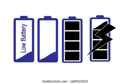 battery icon low, battery charging and full charging vector set