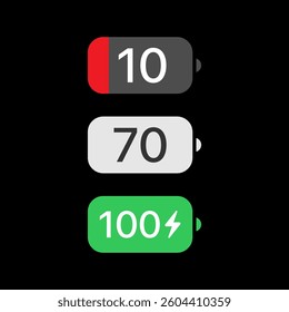 Battery icon on black background. Full charge battery icon vector design. Battery indicator icons set. Low battery charging icon design.