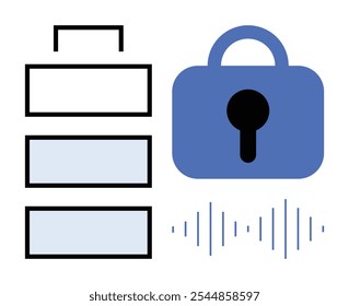 Battery icon, padlock, and signal waves represent energy storage, data security, and communication. Ideal for tech, security, data management, communication, and energy. Simplistic vector style