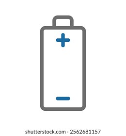 Battery icon with plus and minus signs. Concept of energy, power, and electricity.