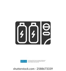 Battery Icon Representing Energy Source with Charging Sign and Capacity Indicators in Technology Concept Graphic Design