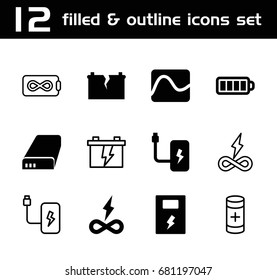 Battery icon. set of 12 battery filled and outline icons such as baterry