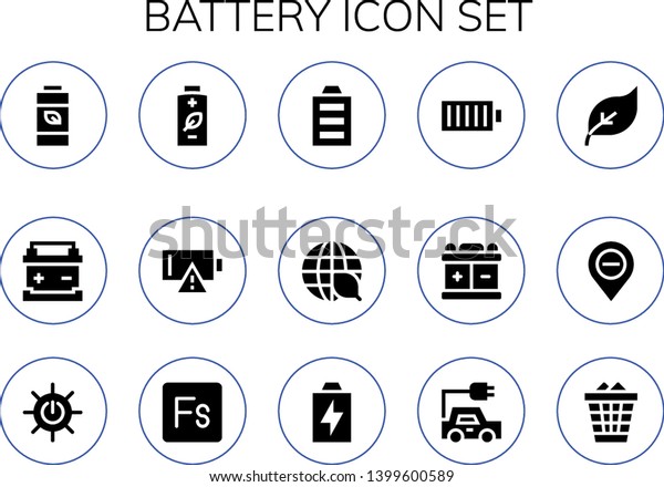 battery icon set. 15 filled battery icons. \
Collection Of - Battery, Empty Full Ecology, Green energy,\
Diminish, Solar energy, Fuse, Electric car,\
Waste