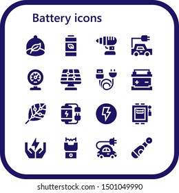 battery icon set. 16 filled battery icons.  Collection Of - Ecologism, Battery, Drill, Electric car, Meter, Solar panel, Charge, Renewable energy, Electricity, Electrical, Save energy