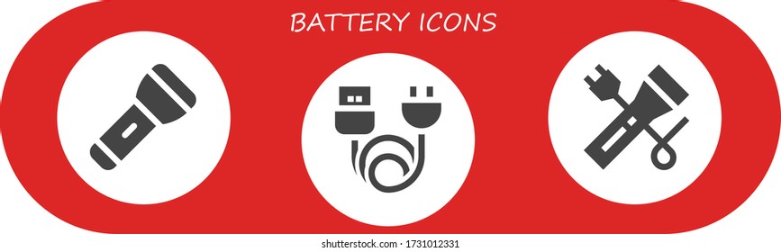 battery icon set. 3 filled battery icons. Included Flashlight, Charge icons