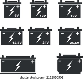 battery icon set 6v to 24v car, truck, battery diffrent sizes 