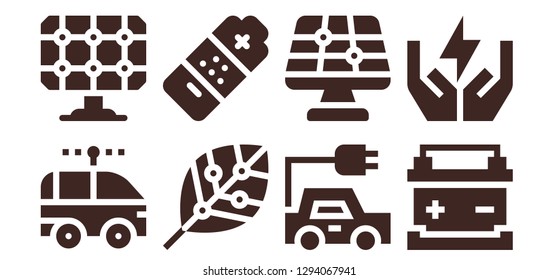  battery icon set. 8 filled battery icons. Simple modern icons about  - Electric car, Solar panel, Renewable energy, Battery, Save energy