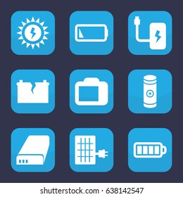Battery icon. set of 9 filled battery icons such as baterry, camera display