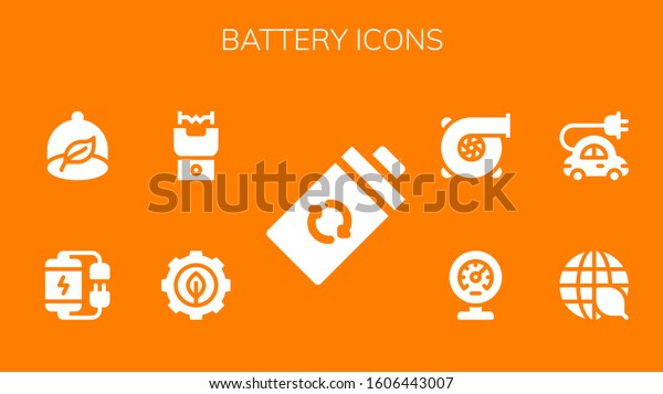 battery icon set. 9 filled battery icons. Included\
Battery, Green energy, Stun gun, Ecologism, Ecology, Electric car,\
Meter, Turbo icons