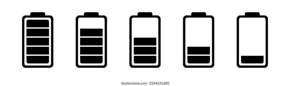 Battery icon set. Batery charge indicator. Battery charging sign and symbol. low to full battery level status indicator