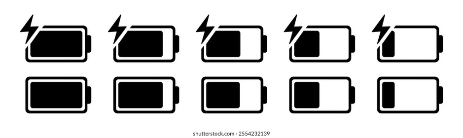 Battery icon set. Batery charge indicator. Battery charging sign and symbol. low to full battery level status indicator