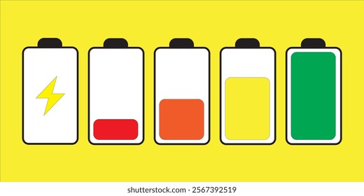 Battery icon set. Batery charge indicator. Battery charging sign and symbol. low to full battery level status indicator