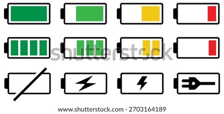 Battery icon set in black and colours. Colourful style vector icons. Battery charge indicator. Battery level, energy, full. Power low up status batteries logo. vector icons.