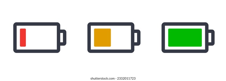 Battery icon set by remaining charge level. Vector.
