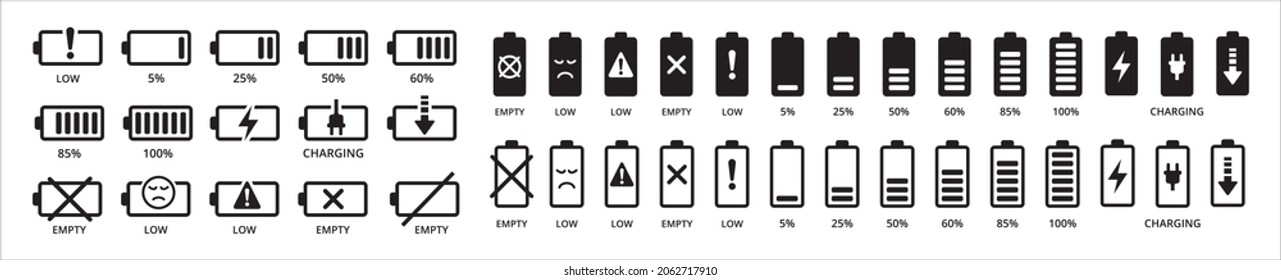 Battery icon set. Battery capacity icon. Battery percentage level signs. Battery remaining energy level icon. Charging status icon. stock vector illustration.