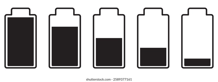 Battery icon set. Battery charge charging indicator icons. Battery energy level symbols.  Collection of charging battery symbol illustration eps 10