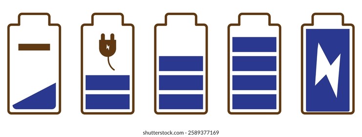 Battery icon set. Battery charge charging indicator icons. Battery energy level symbols.  Collection of charging battery symbol illustration eps 10