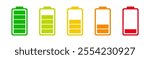 Battery icon set. Battery charge flat icons in multiple colors. low to full battery level status indicator.