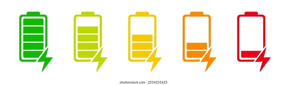 Battery icon set. Battery charge flat icons in multiple colors. low to full battery level status indicator.