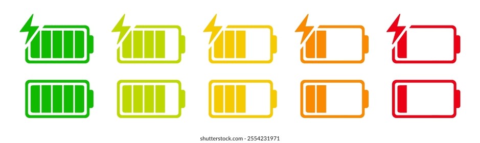 Battery icon set. Battery charge flat icons in multiple colors. low to full battery level status indicator.