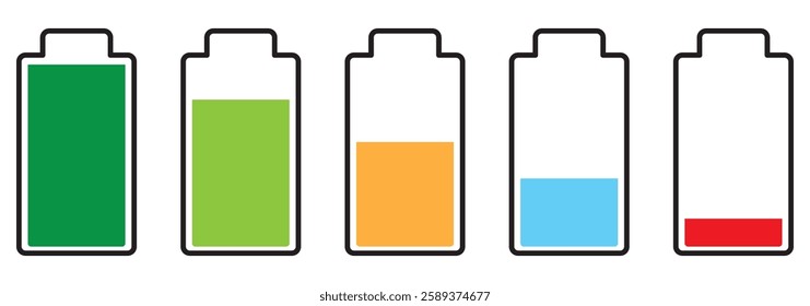 Battery icon set. Battery charge flat icons in multiple colors. Battery charging, charge indicator. Vector icon of a fully charged battery. eps 10