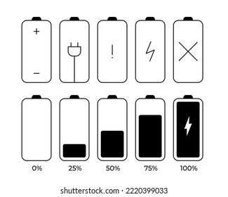 Battery icon set. Charge indicator sign collection for mobile phone 