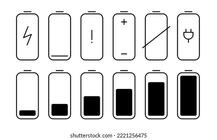 Battery icon set. Charge indicator sign collection for mobile phone 