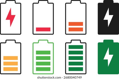Conjunto de iconos de batería. Indicador de Recargo. Acumulador de energía. Nivel de carga de la batería