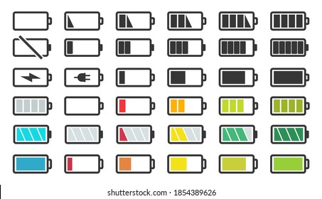 Battery icon set. Charge level indicator,Power Bank Battery Recharging, Energy Saving Mode, Electric Economy.