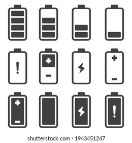 battery icon set, battery charge level indicator icon, Attention battery discharged, battery capacity symbol, vector illustration	