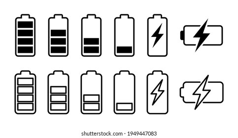 Conjunto de iconos de la batería. nivel de carga de la batería. icono de carga de batería