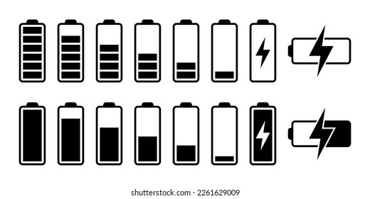 Battery icon set. Battery charge level. Battery charging icon. Battery charge indicator, vector graphics.