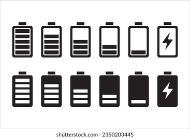 Battery icon set. Battery charge level. battery Charging icon. Vector symbol illustration in black and white. Battery or fuel discharge indicator icons set.