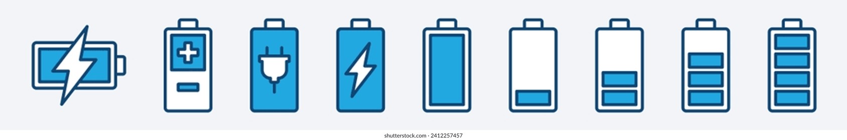 Conjunto de iconos de la batería. Iconos de nivel de carga de la batería. Colección de iconos del indicador de carga de la batería. Ilustración del vector