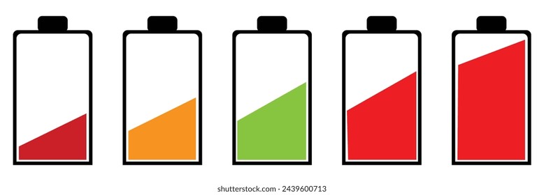 Battery icon set .Set of battery charge level indicators. Battery icon vector set isolated on white background. Symbols of battery charge level, full and low. Vector illustration. Eps file 75.