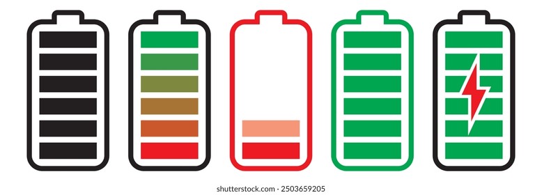 Conjunto de iconos de batería. Nivel de Recargo de la batería. Icono de carga de la batería. Indicador de Recargo de la batería, ilustración gráfica de Vector. EPS 10.