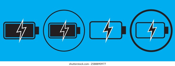 Battery icon set. Battery charge level icons. Battery Charging indicator in thin line and flat icon collection. Vector illustration