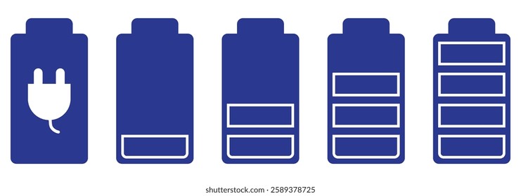 Battery icon set, charge level, charging icon. Battery level capacity indicator icon set. Collection of charging battery symbol illustration eps 10