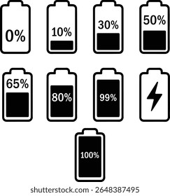battery icon set. battery charge level and charging symbol. vector illustration