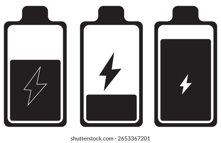 Battery icon set. battery charge level. battery Charging icon, showing full range of battery states: empty, low, medium, full, charging, recyclable, and plugged in  with black and white  color vector.