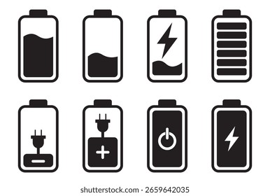 Battery icon set, charge level, charging icon. Battery level capacity indicator icon set. Collection of charging battery symbol illustration eps 10