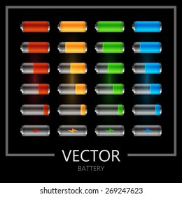 Battery icon set, Set of battery charge level indicator, Vector battery gauge symbol.